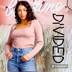 NEW Trendy Square Neckline Ribbed Knit Semi-Crop Top Long Sleeves Dusty Rose H&M